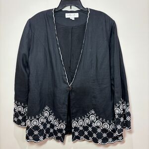 Donna Vinci Jacket Blazer Women 20 Ramie Black White Embroidered Lagenlook Artsy